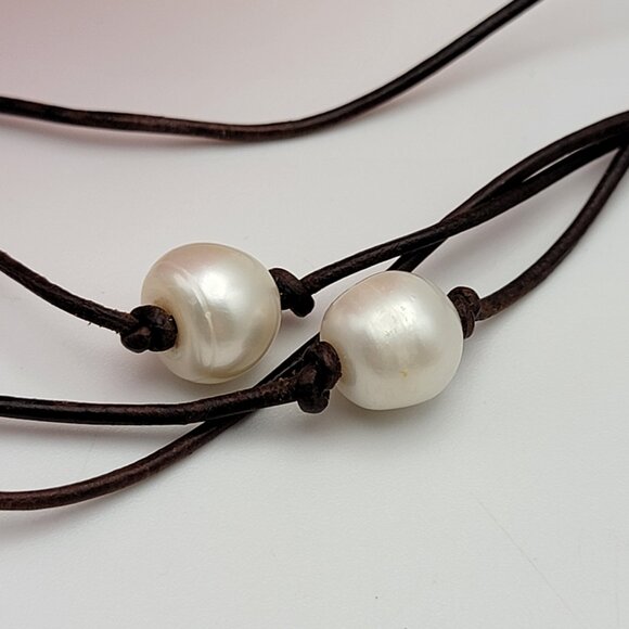 Bohemian White Baroque Pearl Brown Leather Cord Tassel Toggle Necklace 38" - Picture 6 of 9